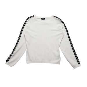 Bebe Womens Large White Knit Sweater Logo Tape Y2K Athleisure Top